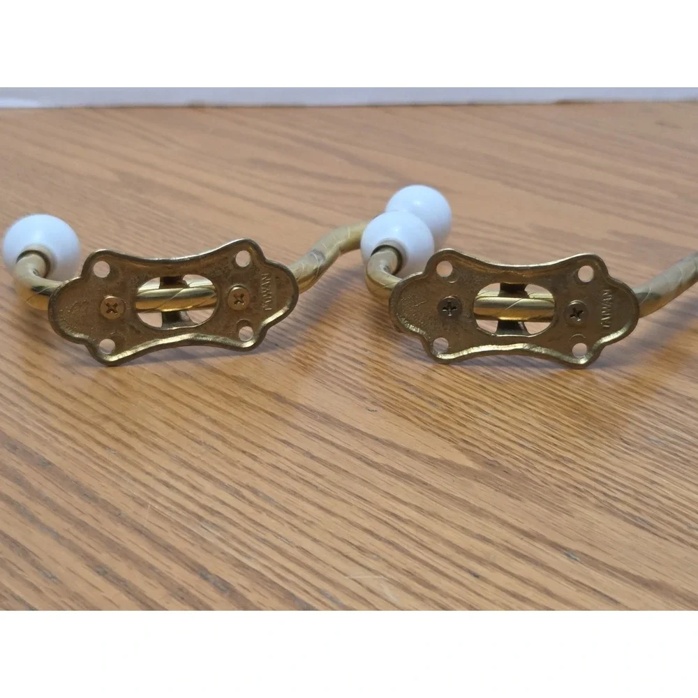 Vintage Set Of Ornate Brass Two  Hooks With Ceramic Knobs Towel Hangers 6